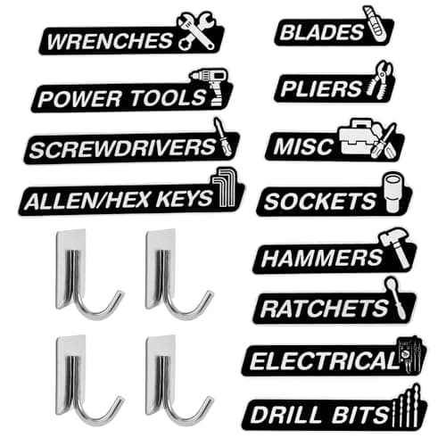 Magnetic Tool Box Labels and Hooks Set, 12 PCS Toolbox Magnetic Labels + 4PCS Self Adhesive Metal Hooks, Reusable Tool Box Accessories Organize for Steel Carts, Drawers, and Cabinets(Black) - Image 1