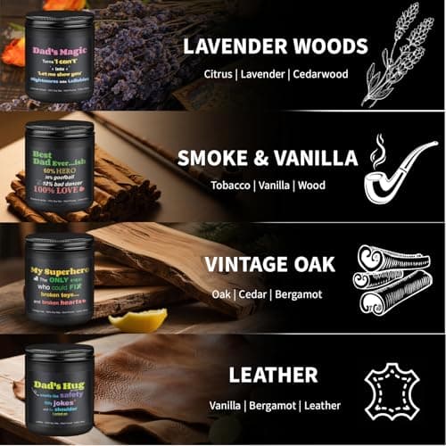 Aeraroma Scented Candles for Men, Funny Gifts for Father Husband, 4 Pack Soy Wax Candle Set (Leather, Oak, Vanilla, Lavender), Long Lasting Stress Relief Home Decor for Birthday Father's Day - Thumbnail 2