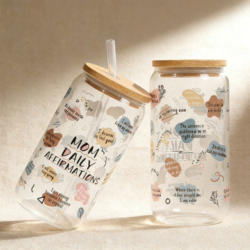 Celebloom Gifts for Mom, Mama Daily Affirmations Glass Cup with Lid and Straw for Mothers Day Gifts for Boy Mom, Girl Mama, Mommy Tumbler Valentines Christmas Presents for Women 16oz - Thumbnail 6