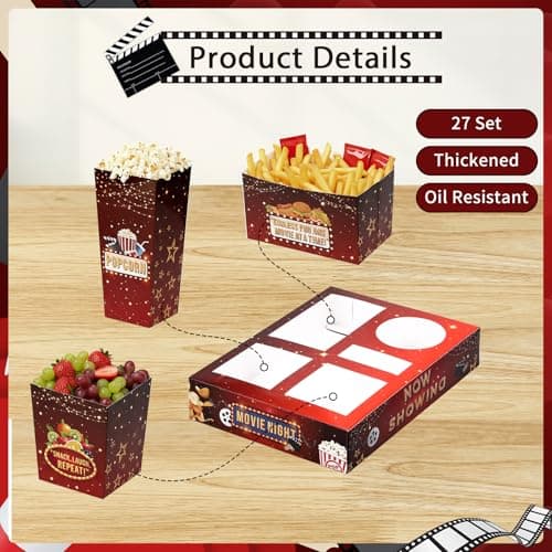 WSICSE 27 Set Movie Night Snack Trays, Disposable Paper Movie Snack Boxes Include 27 Trays, Popcorn Boxes, French Fries for Outdoor Cinema Home Theater Birthday Party - Thumbnail 3