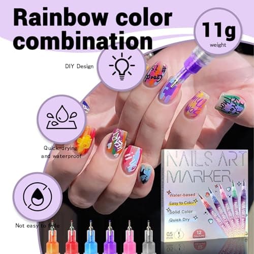 Hinourisha12pcs Nail Art Pens Sets, Nail Art Marker, 0.5mm Fine Tip Easiest Color Pens for Beginners painting nails, Nail Polish Pen Quick-drying Waterproof, Valentines Day Gifts for girls - Thumbnail 3