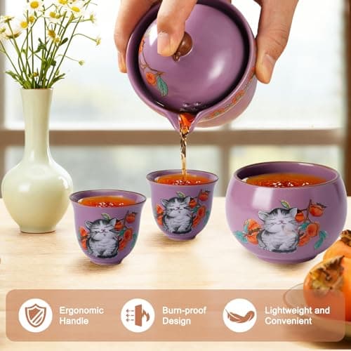 Mini Tea Cups,Cute Lucky Cat Cups,Small Tea Mugs,Porcelain Gongfu Tea set with 3 in 1,Tea Sets for Adults,Ceramic Tea Infuser Cup for Loose Leaf for Women/Tea Lovers/Birthday/Mother's Day (Purple) - Thumbnail 4