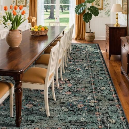 Farmhouse 9x12 Dark Green Floral Living Room Area Rugs, Large Washable Vintage Distressed Rug for Bedroom, Dining Room Under Table, Moody Low Pile Non-Slip Retro Carpet, Soft Boho Art Deco Mat - Thumbnail 3