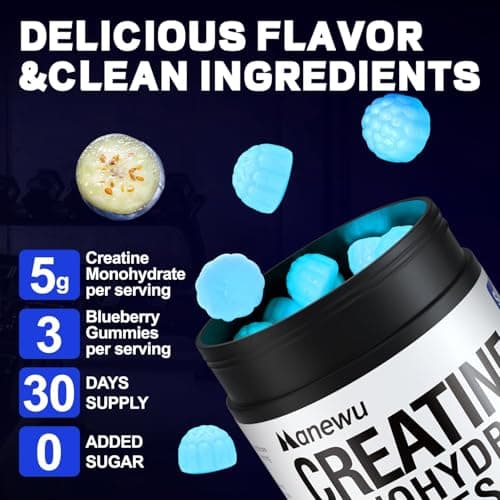 Manewu Creatine Monohydrate Gummies, 5g Creatine Dose, 99.9% Pure Creatine for Men & Women, Lab Verified, Sugar Free & Vegan, Supports Muscle Strength, Recovery & Stamina, Blueberry Flavor, 90 Count - Thumbnail 3
