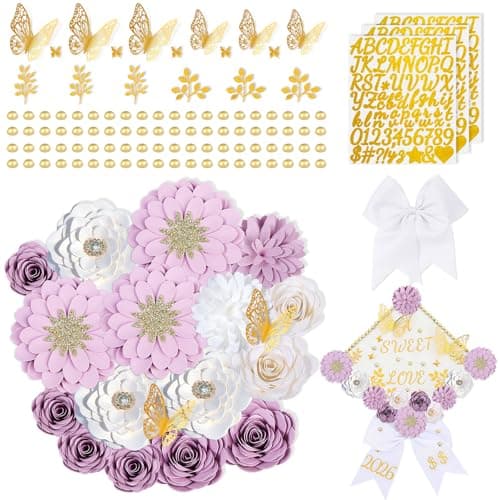Mverse Graduation Cap Decorations 2026 - Purple Paper Flowers & Gold Butterfly for Grad Cap Topper - DIY Flower Stickers, Glitter Letters & Pearls for Crafts & Shadow Box - Image 1