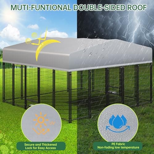 LotFun 10x10 FT Dog Kennel, Heavy Duty Outdoor Dog Enclosure with UV & Rain-Proof Fully Covered Roof, Double Security Locks and Rustproof Metal Mesh for Large Dogs House (9.8 x 9.8 x 6 FT) - Thumbnail 4