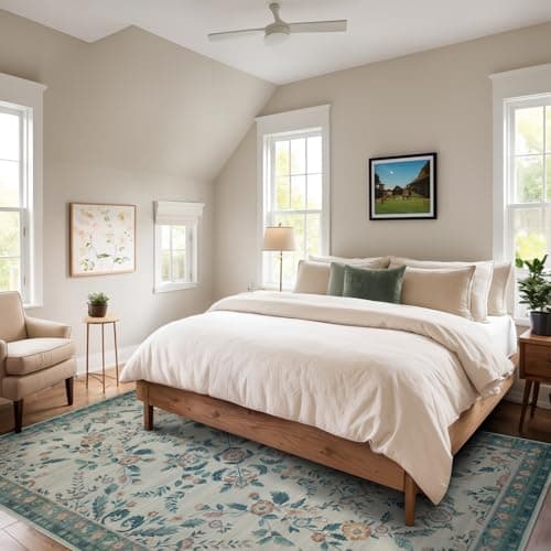 Dotiiorug Vintage Washable Area Rug for Living Room,Low Pile 5x7 Non Slip Carpet Non-Shedding Area Rug Soft Indoor Stain Resistant Rug Floral Print Mat for Bedroom Dining Room 089-Green - Thumbnail 5