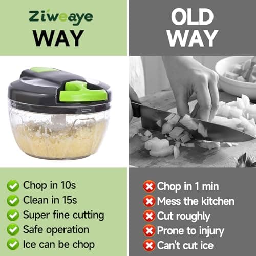 Ziweaye Manual Food Processor Vegetable Chopper, Portable Hand Pull String Garlic Mincer Onion Cutter for Veggies, Ginger, Fruits, Nuts, Herbs, etc., 500ml,（Gray-green） - Thumbnail 2