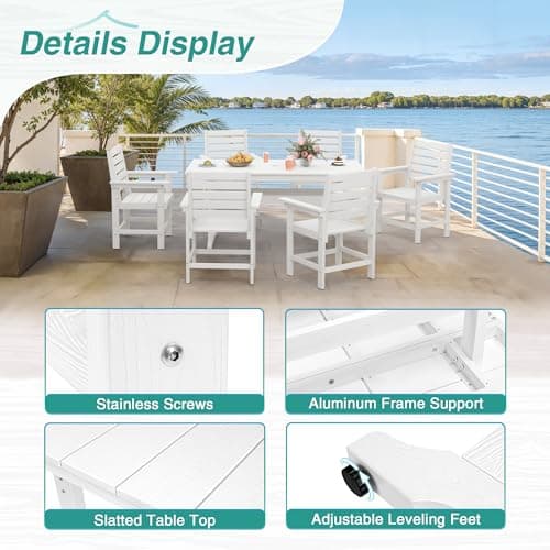 Homenjoy 7 Piece Patio Dining Set, 66" Rectangle HDPS Weather Resistant Outdoor Table & 6 Patio Chairs Set with 1.96" Umbrella Hole, Heavy Duty Chairs for Backyard Balcony Deck, White - Thumbnail 6
