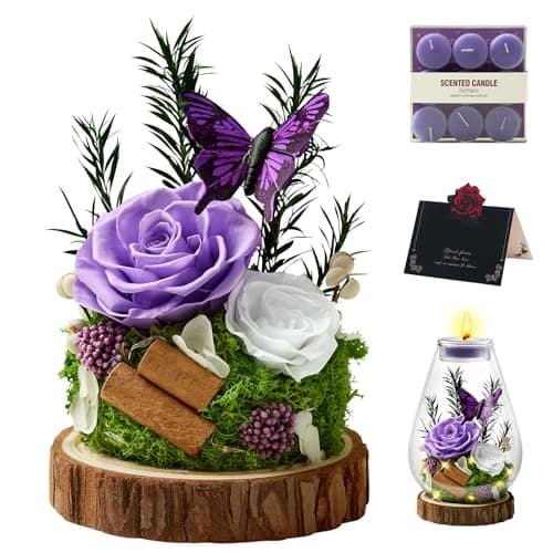 Preserved Flowers Roses Candle Holder in Glass Dome Gift for Mom Mother's Day Birthday Gift Forever Flowers for Anniversary Valentine's Women Real Flowers Eternal Rose for Proposal Wedding-Purple - Image 1