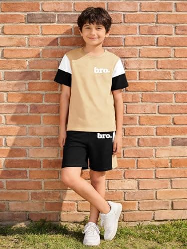 GEMLON Boys Clothes Size 6 5 Color Block T Shirts Cotton Shorts Sets Letter Print Clothing Set Soccer Boys Outfits - Thumbnail 3