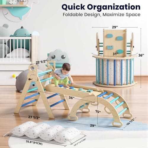 BlueWood Pikler Triangle Set with Cushion, 8-in-1 Foldable Wooden Toddler Climbing Toys Indoor Playground Jungle Gym Montessori Philosophy Climber for 2-6 Years Old, Baby, Kids (Sky Blue) - Thumbnail 2
