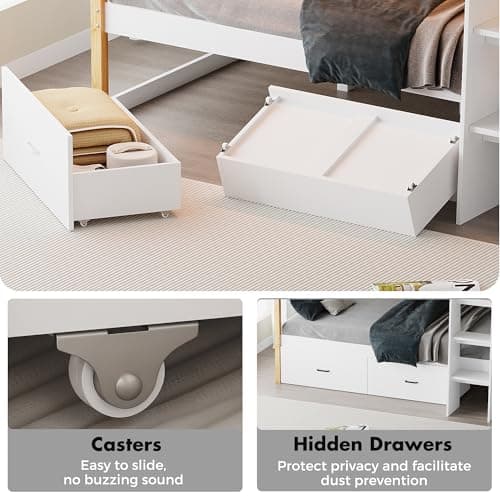Kikihouse Wooden Twin Over Twin Bunk Bed with Desk, Charging Station and LED Lights, Convertible Solid Wood Frame with Ladders and Drawers, Sturdy Wood Bunk Bed for Kids, Space-Saving (Twin over Twin) - Thumbnail 4