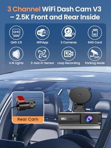 3 Channel Dash Cam Front and Rear Inside,2.5K+1080P+1080P Dash Camera for Cars,Free 64GB Card,Dashcam with WiFi,APP Control,Parking Monitor,Night Vision,Loop Recording - Thumbnail 6