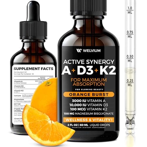 WELVIUM Liquid Vitamin D3 K2 Magnesium Liposomal Drops with 10000 IU Cholecalciferol, MK7, Vitamin A, Calcium, MCT Oil, Organic Sunflower Lecithin for Immune Bone Skin ADK Supplement - Image 1