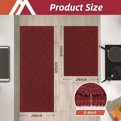 COSY HOMEER 60x24Inch/35X24Inch Kitchen Rugs Sets Non-Slip Washable Kitchen Mats for Floor Polypropylene Absorbent Kitchen Runner for Kitchen Sink Hallway Entryway(Red) - Thumbnail 6