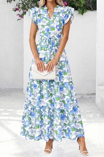 dowerme Women Summer Maxi Dresses 2026 Ruffle Sleeve V Neck Floral Boho Long Dress Belted Tiered Sundress with Pockets(Floral White Multicolored,XX-Large) - Thumbnail 3