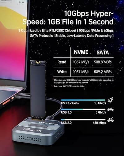 AMZPILOT SD05 Pro M.2 SSD to USB C Docking Station, 10Gbps NVMe PCIe SATA NGFF External Reader, RTL9210C Chip Tool-Free Aluminum Enclosure with 3-Sided Cooling & Portable Organizer Case, 4TB, Gray - Thumbnail 5