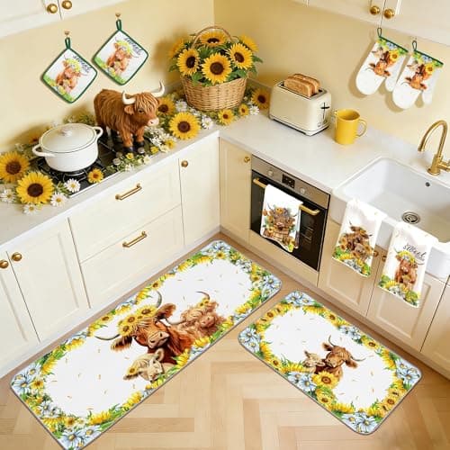 Vetoxka 10 PCS Highland Cow Decor Kitchen Accessories - Sets 4 Dish Towels 2 Pot Holders 2 Oven Mitts 2 Rugs for Home Sweet Home Sunflower Cattle Bathroom Cooking Farmhome Housewarming Baking Gifts - Thumbnail 2
