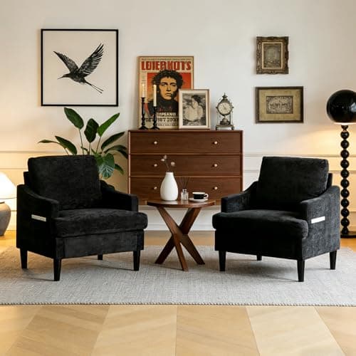 XYPFURN Accent Chairs Set of 2 for Living Room, Mid Century Modern Reading Chair with Side Storage Pocket, Comfy Upholstered Armchair with Solid Wood Legs for Bedroom, Office, Waiting Room (Black) - Image 1