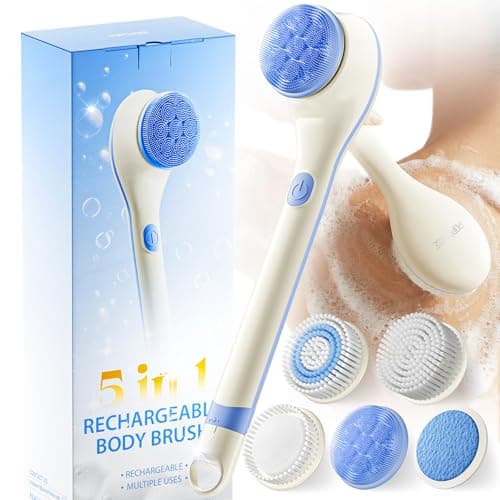 Electric Body Brush Back Scrubber for Shower, Waterproof Long Handle Body Scrubber Bath Brush with 5 Heads, Rechargeable Body Scrub Brush, 2 Speeds for Cleansing, Exfoliating and Massage (White) - Image 1