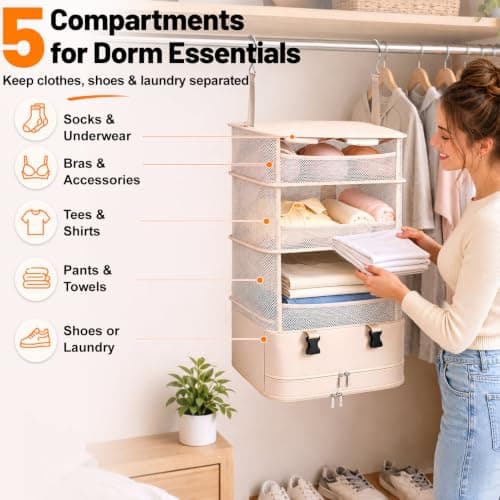 Hanging Closet Organizer, Foldable Beige Mesh Shelves with Zipper Bag - Thumbnail 3