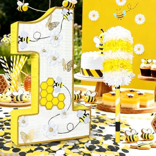 Bee Pinata - Yellow Number 1 Shape, 27 x 16 x 3 In - Honeycomb & Dasiy Accents for First Bee Day Party, Includes 24" Bat Stick, Eye Mask, Rope - Thumbnail 2