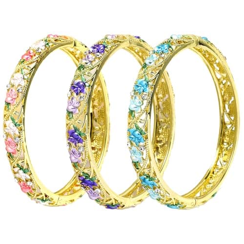 FIVESWEET Trendy 18K Gold Plated Bangle Bracelets Set for Women, Enamel Craft Jewelry-Floral Element , Retro Fashion Palace Style, Zinc Alloy with Rhinestones, 2.4Inch Diameter Fits Most Adults, Perfect Jewelry Gift Idea for Her, Girlfriend, Wife, Mom, Sister, Lover on Birthday, Christmas, Valentine's Day, Mother's Day (3, 3PCS-Floral-Tulip) - Image 1
