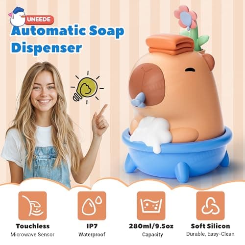 UNEEDE Capybara Hand Soap Dispenser, Automatic Touchless Foaming with Advanced Sensor, IP7 Waterproof, Portable & Wall Mount Rechargeable, 9.5oz/280ml, Cute Soft Silicone for Bathroom, Decor Gifts - Thumbnail 2