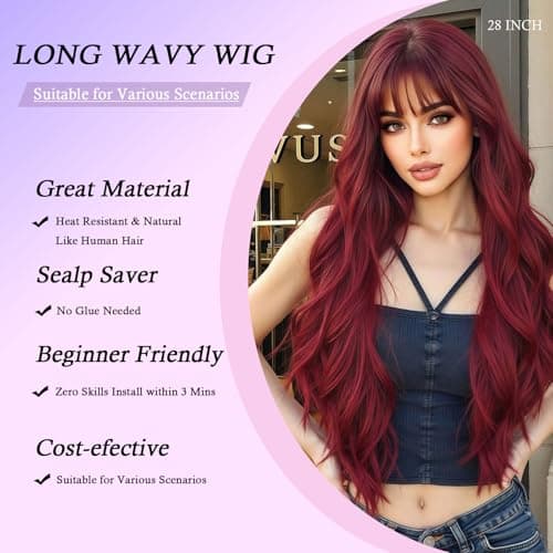 Barbique Burgundy Wig, Long Wavy Wig with Bangs, Glueless Wig Natural Hairline, Ready to Wear for Work Party Daily Use Beginner Friendly - Thumbnail 2