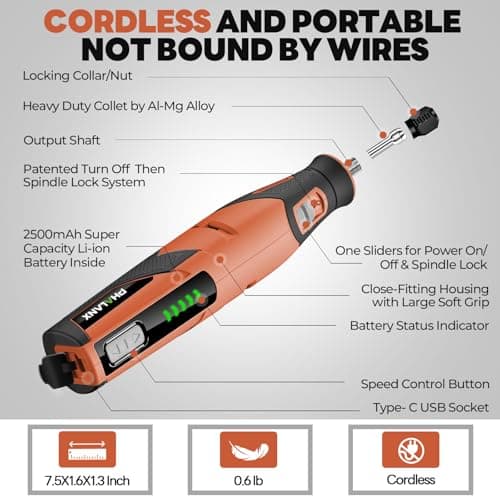 PHALANX Cordless Rotary Tool Kit with 64 pcs Accessories, 2500mAh 4V Li-ion Battery, Type-C Fast Charging, 5 Speed 25000RPM Electric Grinder for Polishing, Engraving, Sanding, DIY Crafts (R4-Basic) - Thumbnail 4
