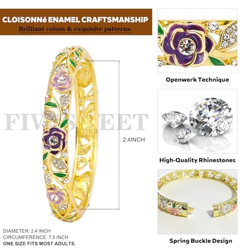FIVESWEET Trendy 18K Gold Plated Bangle Bracelets Set for Women, Enamel Craft Jewelry-Floral Element , Retro Fashion Palace Style, Zinc Alloy with Rhinestones, 2.4Inch Diameter Fits Most Adults, Perfect Jewelry Gift Idea for Her, Girlfriend, Wife, Mom, Sister, Lover on Birthday, Christmas, Valentine's Day, Mother's Day (3, 3PCS-Floral-Rose) - Thumbnail 2