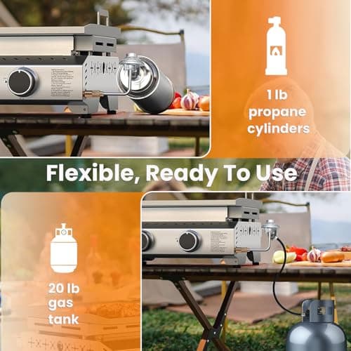 COWSAR 2-Burner Portable Tabletop Grill, 16000 BTU Stainless Steel Non-Stick Outdoor Portable Propane Griddle for Camping RV Backyard BBQ - Thumbnail 5