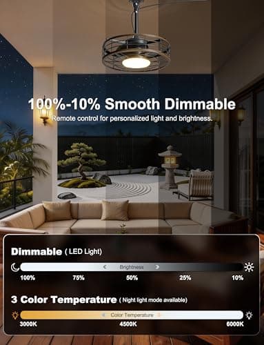 Phylluz Outdoor Ceiling Fan with Lights - 16'' Wet Rated Gazebo Fan Remote/APP Control, Caged Hanging Fan Plug and Play for Covered Patio Porch, Wood Color - Thumbnail 4