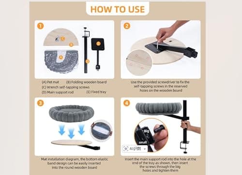 Dogpals 360° Rotating Cat Bed for Desk, Height Adjustable Cat Perch with Semi-Enclosed Design & Removable Cushion, No-Drill Clamp fits up to 1.18" Desk, Supports 9lbs for Office, Gaming Table, Grey - Thumbnail 6