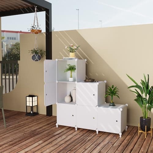 ATTDETJL Cube Storage Organizer, 6-Cube Shelves Unit with Doors, DIY Stackable Plastic Clothes Organizer for Bedroom and Under Stairs Storage Unit, Each Compartment 30 x 30 x 30 cm White - Thumbnail 2