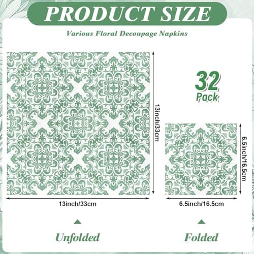 32 Pcs 8 Styles Decoupage Napkins, Sage Green Floral Paper Napkins Chinoiserie Decorative Cocktail Napkin Pretty Printed Cocktail Paper for DIY Crafting Furniture Decor Birthday Party Baby Shower - Thumbnail 2