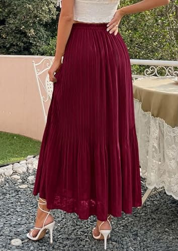 PRETTYGARDEN Pleated Midi Skirts for Women 2026 Flowy Summer Beach Vacation High Waisted Chiffon Boho A-Line Long Skirt(Wine Red,Small) - Thumbnail 4