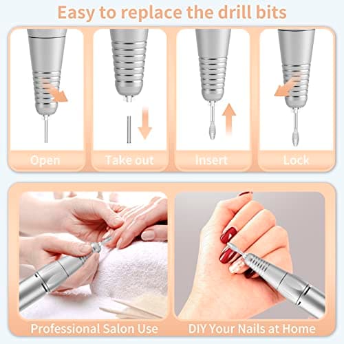 Portable Nail Drill Professional 35000 RPM, MOCOWIND Rechargeable Electric Nail File Machine E File for Acrylic Gel Polishing Removing, Cordless E-File with Bits Kit for Manicure Salon Home, Black - Thumbnail 6