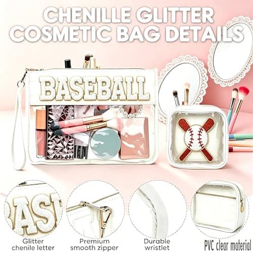 4EVERHOPE 2 Pcs Baseball Gifts Snack Bags, Baseball Mom Essentials, Cosmetic Bag With Chenille Letters, PVC Travel Toiletry Organizer for Stadium, Sports Events, Team Gifts (Basball-White) - Thumbnail 3