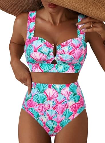 Herseas Women 2 Piece High Waisted Bikini Sets U Wire Cutout Floral Print Swim Suit Adjustable Wide Straps V Neck Bathing Suits Sexy Charming Beach Swimwear for Teen Girls Multicolor Seashell Large - Image 1