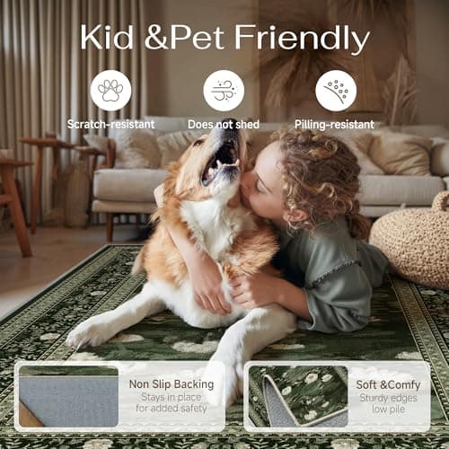 PureCozy Washable 8x10 Area Rug for Living Room Green Floral Indoor Large Carpet Non Slip Low Pile Vintage Impressionist Rugs for Bedroom Dining Room Nursery Playroom Farmhouse Decor - Thumbnail 4