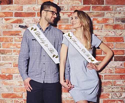 Daddy to Be Sash - Classy Baby Shower Sash for Dad to Be, (White w/Gold Lettering) Baby Shower Party Decorations, Gifts, Favors, Supplies Boy & Girl, Dad to Be Gender Reveal Father to Be (White) - Thumbnail 2