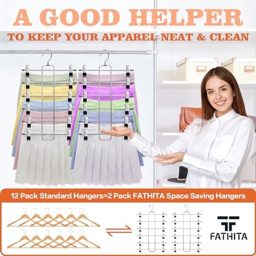 FATHITA 6-Tier Space Saving Pants Hangers with Clips, Multi-Functional Skirt & Jean Organizer for Small Closets, Dorm Room Essentials, 2 Pack Metal Clothes Storage - Thumbnail 5
