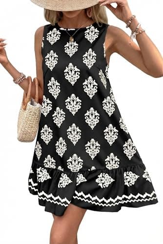 BLENCOT Summer Dresses for Women 2026 Floral Boho Casual Flowy Crewneck Sleeveless Ruffle Beach Vacation Bow Tie Back Mini Dresses Black Large - Image 1