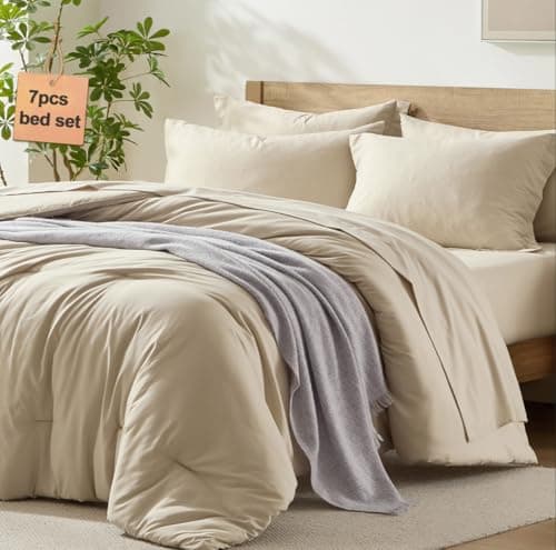 Homelike Moment California King Comforter Set 7 Piece, Beige Bed in a Bag Cal King Size Set Lightweight and Machine Washable - Image 1
