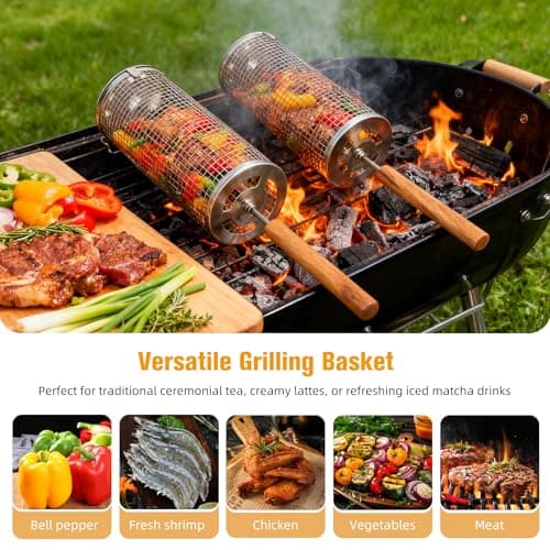 Rolling Grill Baskets (2PCS), Stainless Steel Grill Basket,Dishwasher Safe BBQ Grill Accessories Portable Grill Baskets for Outdoor Grill for Fish, Shrimp,Meat,Vegetables,Fries Outdoor Cooking Camping - Thumbnail 3