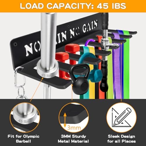 Gym Home Rack 8 Hook Heavy-Duty Wall-mounted Organizer Multi-Purpose Workout Gear Wall Hanger Storage for Resistance Bands Jump Ropes Lifting Belt Fitness Bands Barbells Carabiners Included (NO PAIN NO GAIN) - Thumbnail 5