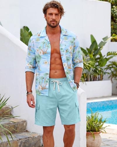 TRFIC Men's Cotton Linen Cargo Shorts - Elastic Waist with Drawstring, 6 Pockets, Summer Beach Vacation, Casual Lounge X-Large Light Blue - Thumbnail 3