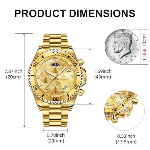 OLEVS Gold Watches for Men Luxury Business Casual Mens Wrist Watch Waterproof Stainless Steel Band Quartz Watch for Men with Day Date - Thumbnail 2